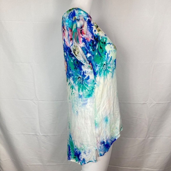 Promod Shirt Womens Sz S White Floral‎ Watercolor Short Sleeve V Neck - Picture 3 of 8